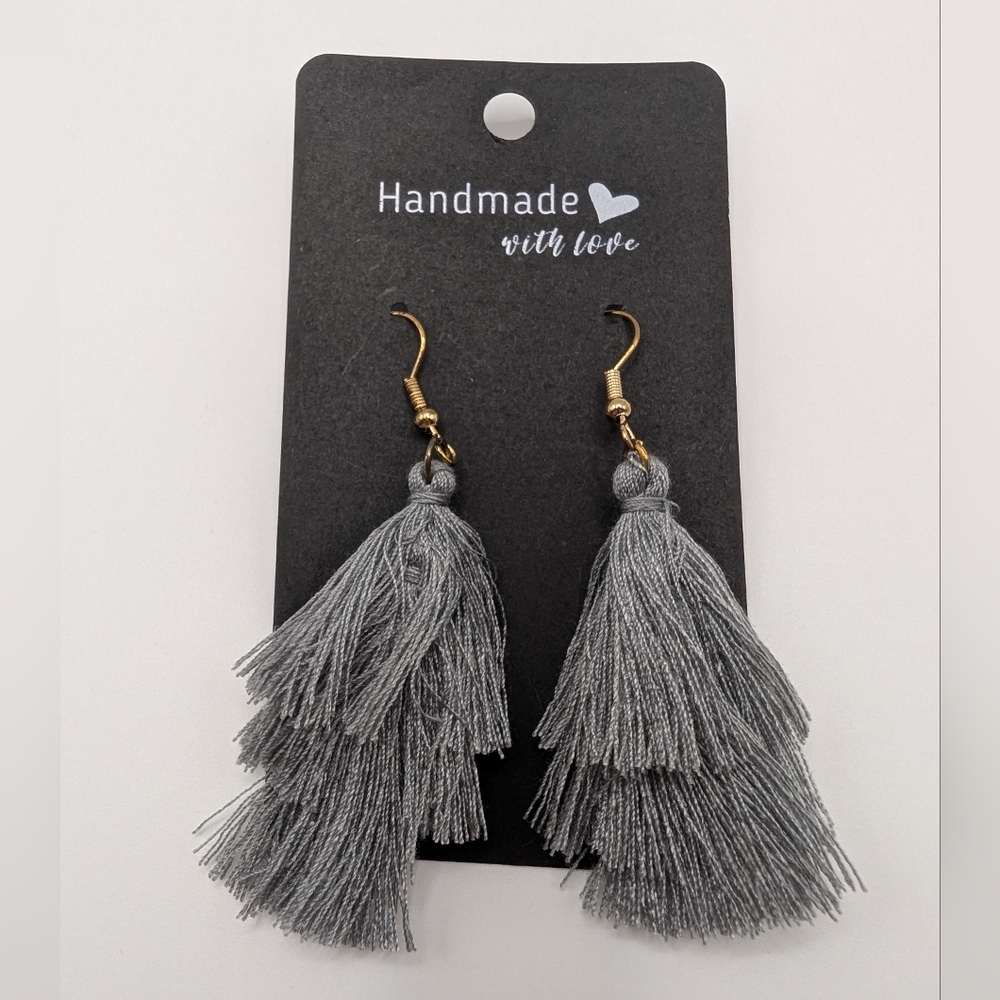 Handmade Gray Fringe Tassel Earrings Three-Tiered Design Gold Tone 2.5"  NEW